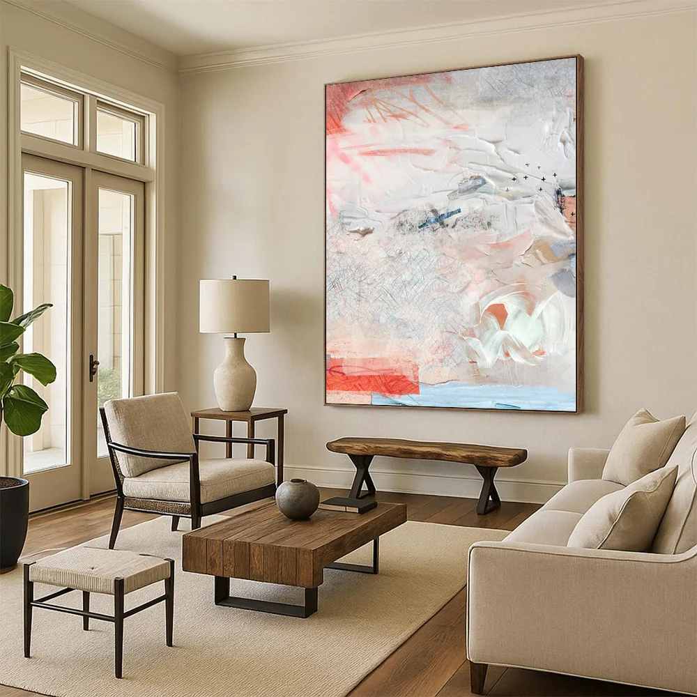 Feminine Hand-painted White Textured Pastel Abstract Canvas Wall Art 9326Z